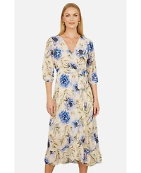 Yumi Women's 3/4 Sleeve V-Neck Wrap Midi Dress