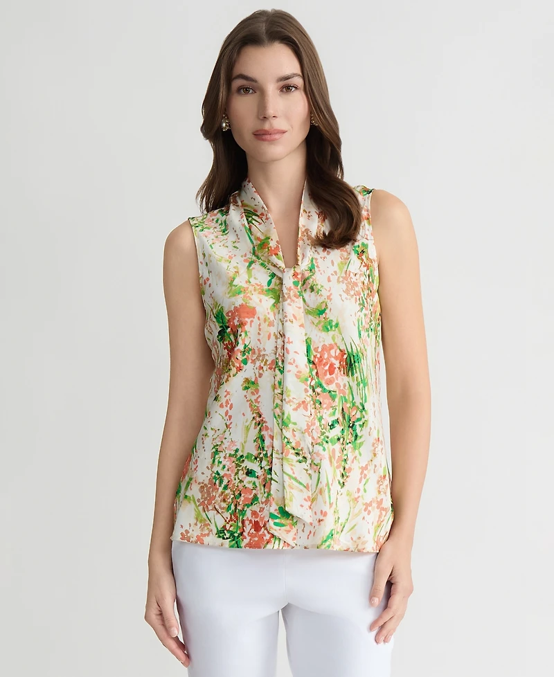 Kasper Women's Floral-Print Sleeveless Tie-Neck Top
