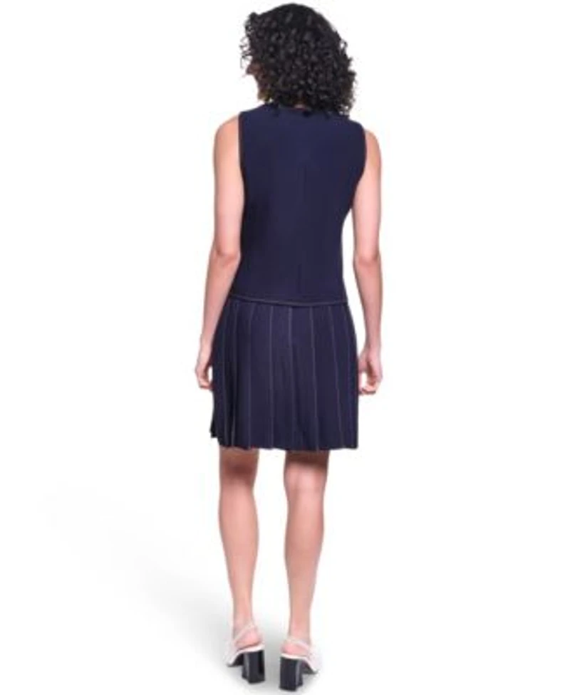 Karl Lagerfeld Paris Womens Contrast Stitch Round Neck Cropped Vest Pleated Skirt