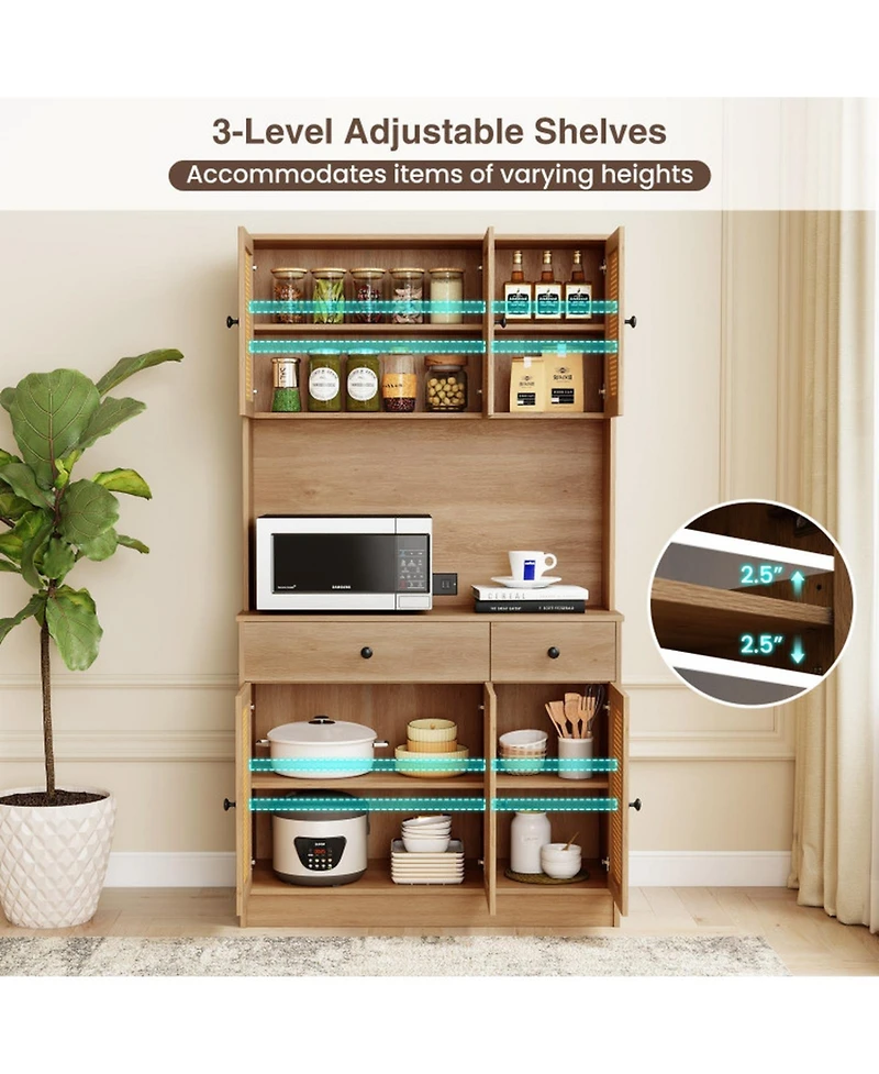 Gouun 71 in Pantry Cabinet with Pe Rattan Doors, Hutch and Built-In Charging Station