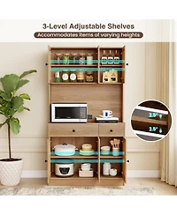 Gouun 71 in Pantry Cabinet with Pe Rattan Doors, Hutch and Built-In Charging Station