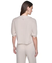 Dkny Jeans Women's V-Neck Short Puff Sleeve Tie-Front Shirt