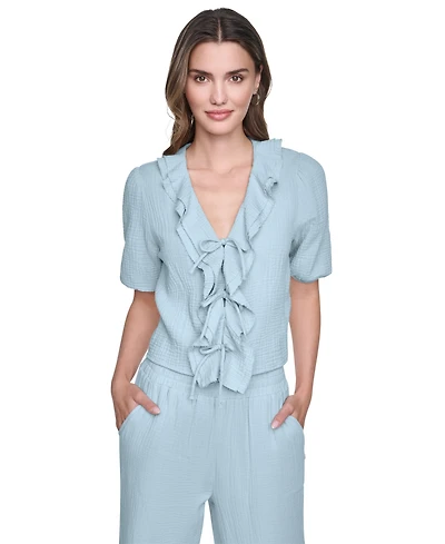 Dkny Jeans Women's V-Neck Short Puff Sleeve Tie-Front Shirt