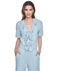 Dkny Jeans Women's V-Neck Short Puff Sleeve Tie-Front Shirt