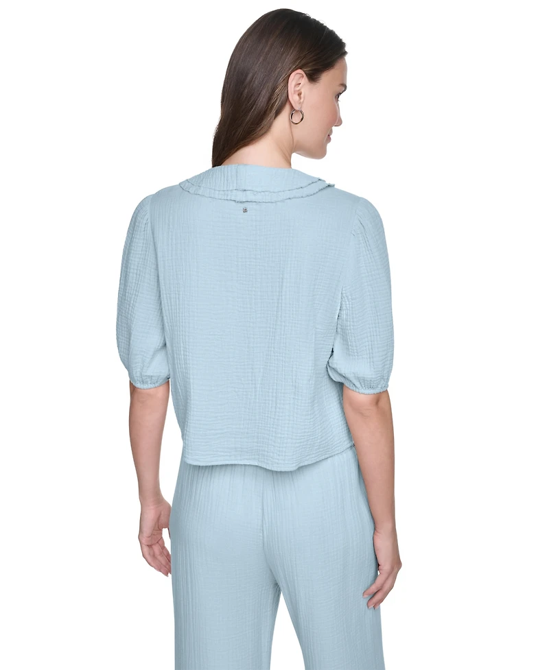 Dkny Jeans Women's V-Neck Short Puff Sleeve Tie-Front Shirt