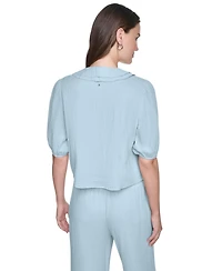 Dkny Jeans Women's V-Neck Short Puff Sleeve Tie-Front Shirt
