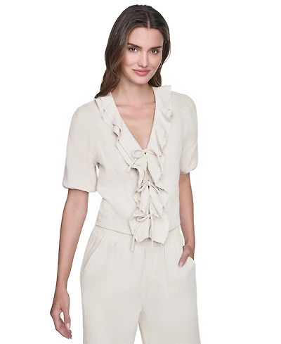Dkny Jeans Women's V-Neck Short Puff Sleeve Tie-Front Shirt