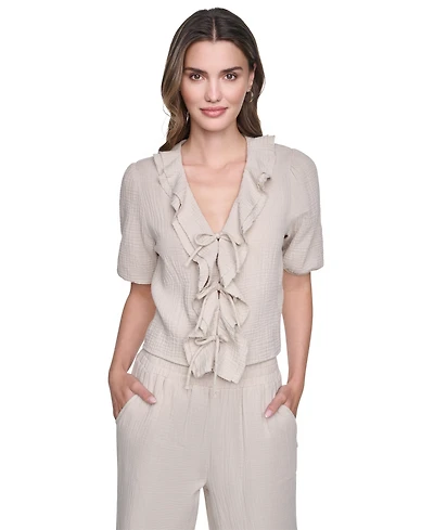 Dkny Jeans Women's V-Neck Short Puff Sleeve Tie-Front Shirt