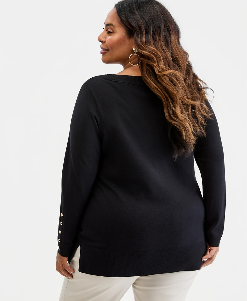 Jm Collection Plus Boat-Neck Button-Sleeve Sweater, Macy's Exclusive