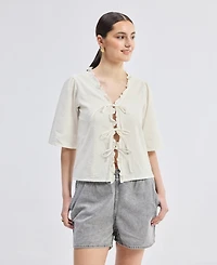 Reistor Women's Relaxed Fit Top With Ruffles and Front-Ties Cream