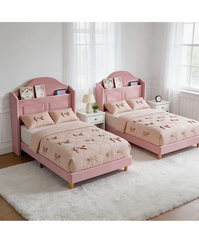 Set of 2 Twin Upholstered Bed for Kids - Soft Padded with Led Night Light, Storage and Sturdy Iron/Plywood/Sponge Frame Easy Assembly