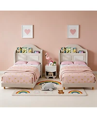 Set of 2 Twin Upholstered Bed for Kids - Soft Padded with Led Night Light, Storage and Sturdy Iron/Plywood/Sponge Frame Easy Assembly