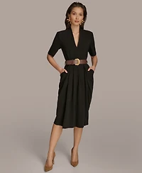 Donna Karan New York Women's V-Neck Belted Sheath Midi Dress