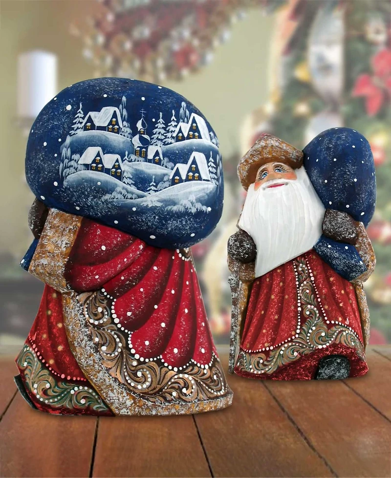 G.DeBrekht Woodcarved and Hand Painted Santa Yuletide Village Visitor with Bag Figurine