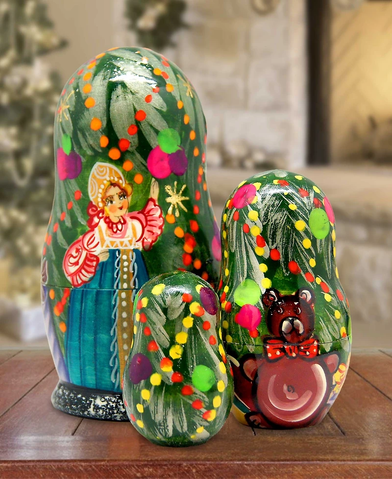 G.DeBrekht Christmas Tree and Snowmaiden 3-Piece Russian Matryoshka Nested Dolls Set