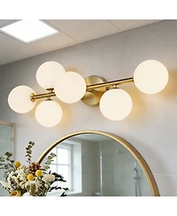 Busdays 5 Light Mid Century Modern gold Led fixture with milk glass, 3 Cct dimmable, semi flush mount for bathroom, kitchen, or dining room.