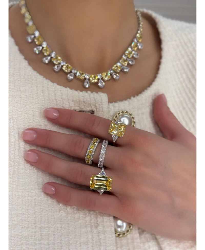 Suzy Levian New York Gala Collection Sterling Elongated Emerald-Cut Cubic Zirconia Trillion Accent 3-Stone Ring