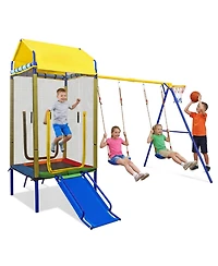 Slickblue 5 in 1 Kids Swing Set with Metal Stand Backyard Playset