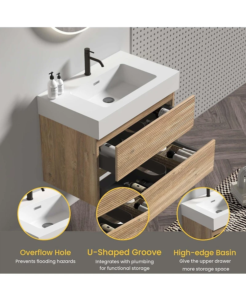 Sillysis Mid-Century Modern Bathroom Vanity with Oak Grille Double Drawers