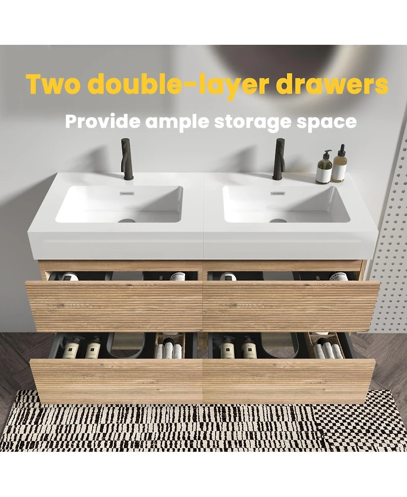 Sillysis Mid-Century Modern Bathroom Vanity with Oak Grille Double Drawers