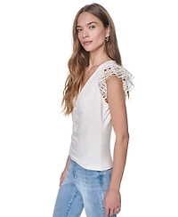 Dkny Women's V-Neck Lace Trim Gathered Top