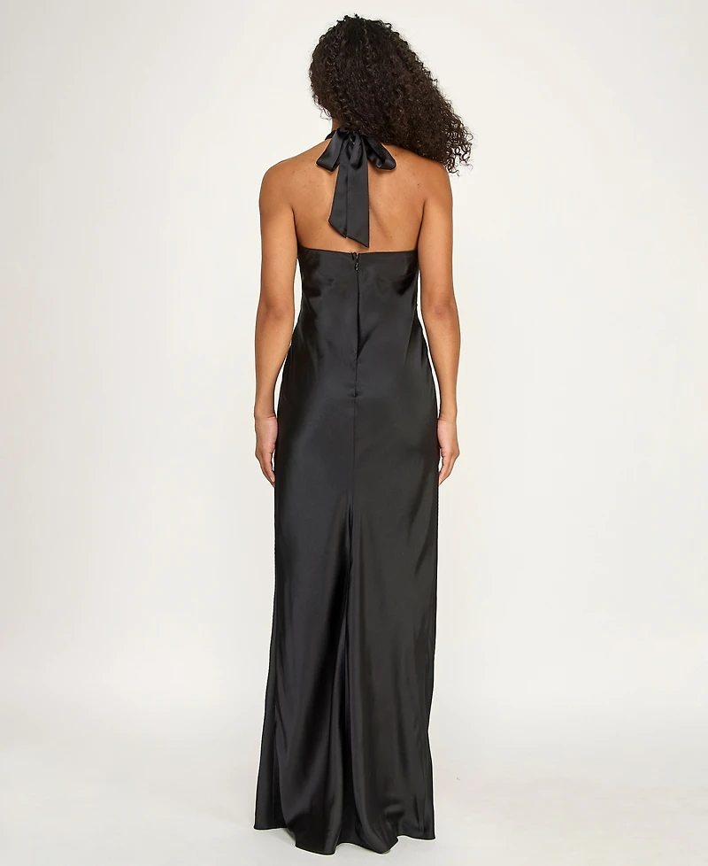Seni & Cade Juniors' Halter Neck Hardware Trim Satin Long Gown