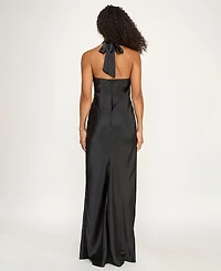 Seni & Cade Juniors' Halter Neck Hardware Trim Satin Long Gown