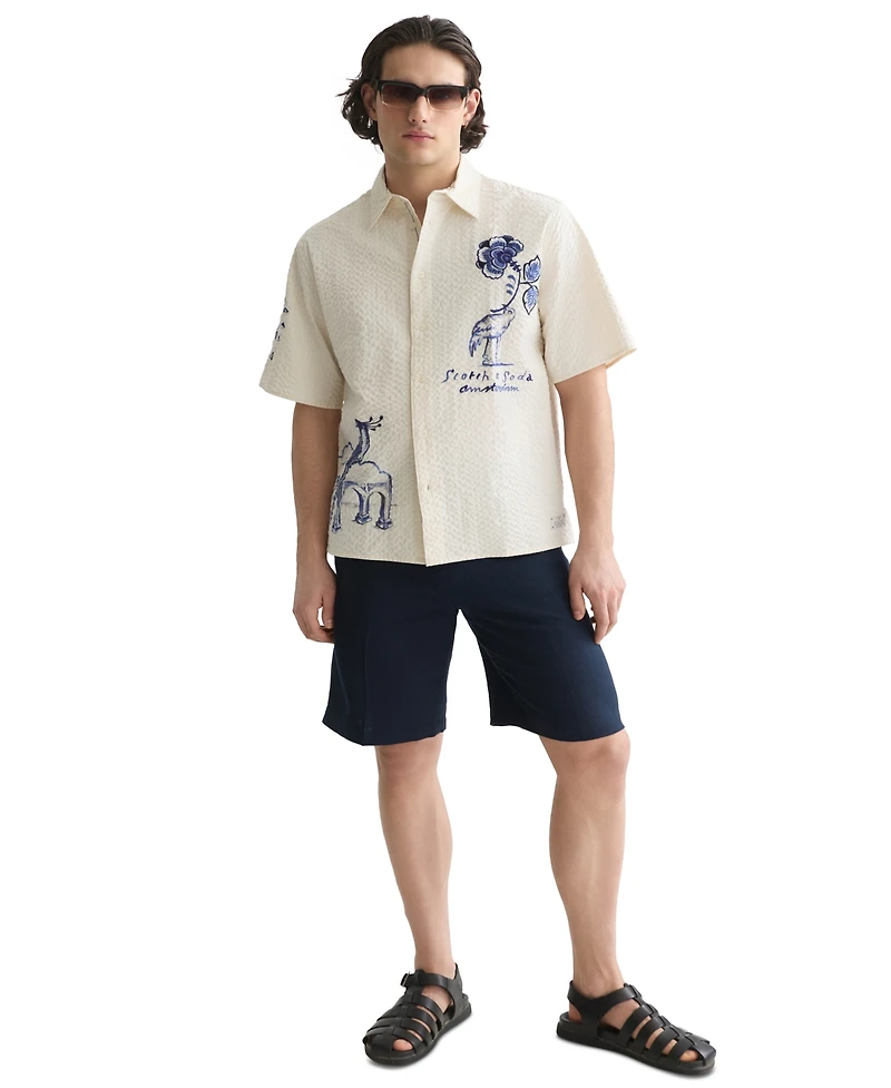 Scotch & Soda Men's Delfts Blauw Artwork Camp Collar Shirt