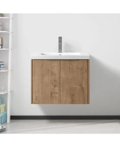 Sillysis Floating Bathroom Vanity With Resin Sink Modern Plywood Cabinet Soft Close Doors Metal Handle For Small Spaces