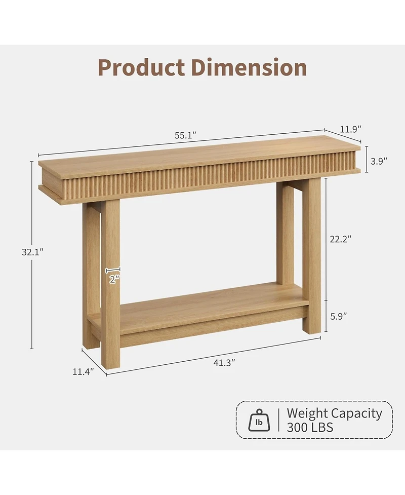 gaomon Farmhouse Fluted Console Table, 2 Tier Wooden Entryway Table with Shelf Storage, Rectangular Narrow Sofa Table Behind Couch, Entry Table