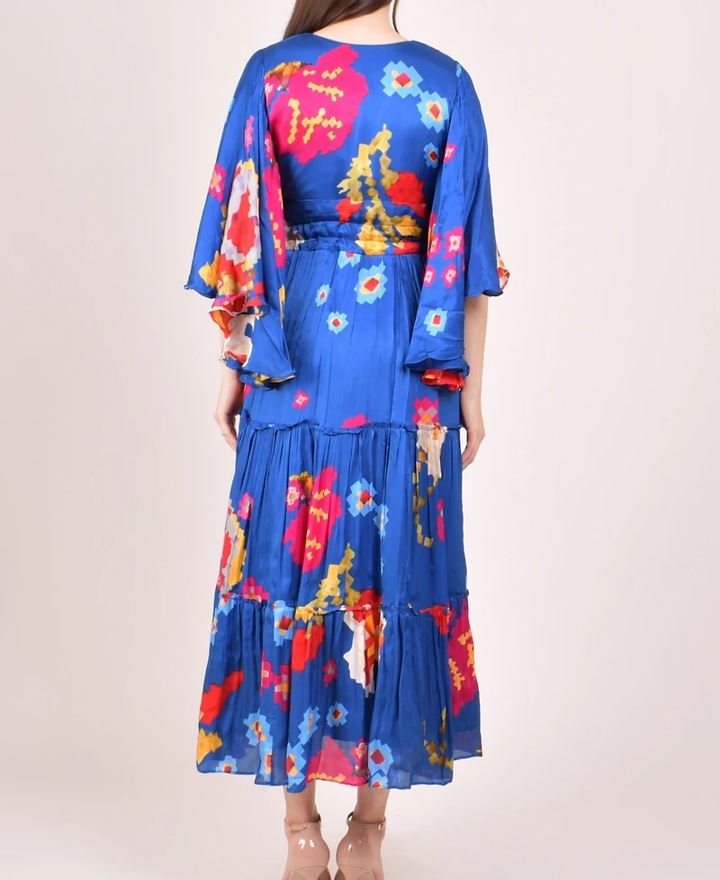 Raas Women's Blue Angel Sleeves Ruffle Maxi Sundress