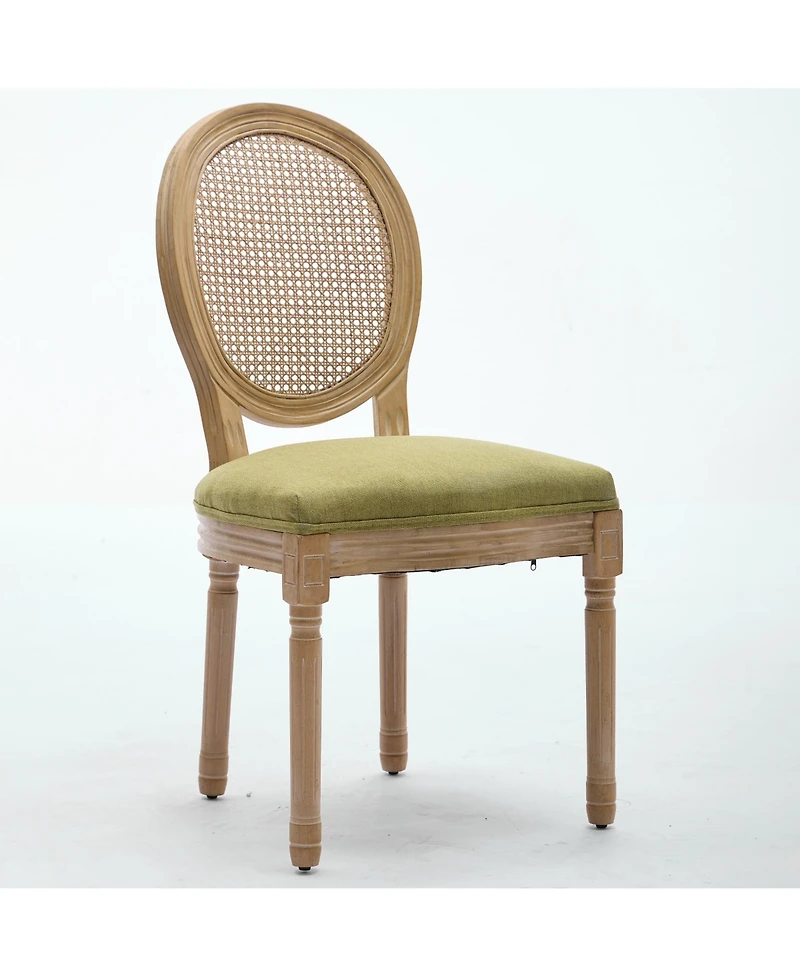 sumyeg French Style Solid Wood Frame Dining Chair with Linen Fabric Rattan Back Set of 2