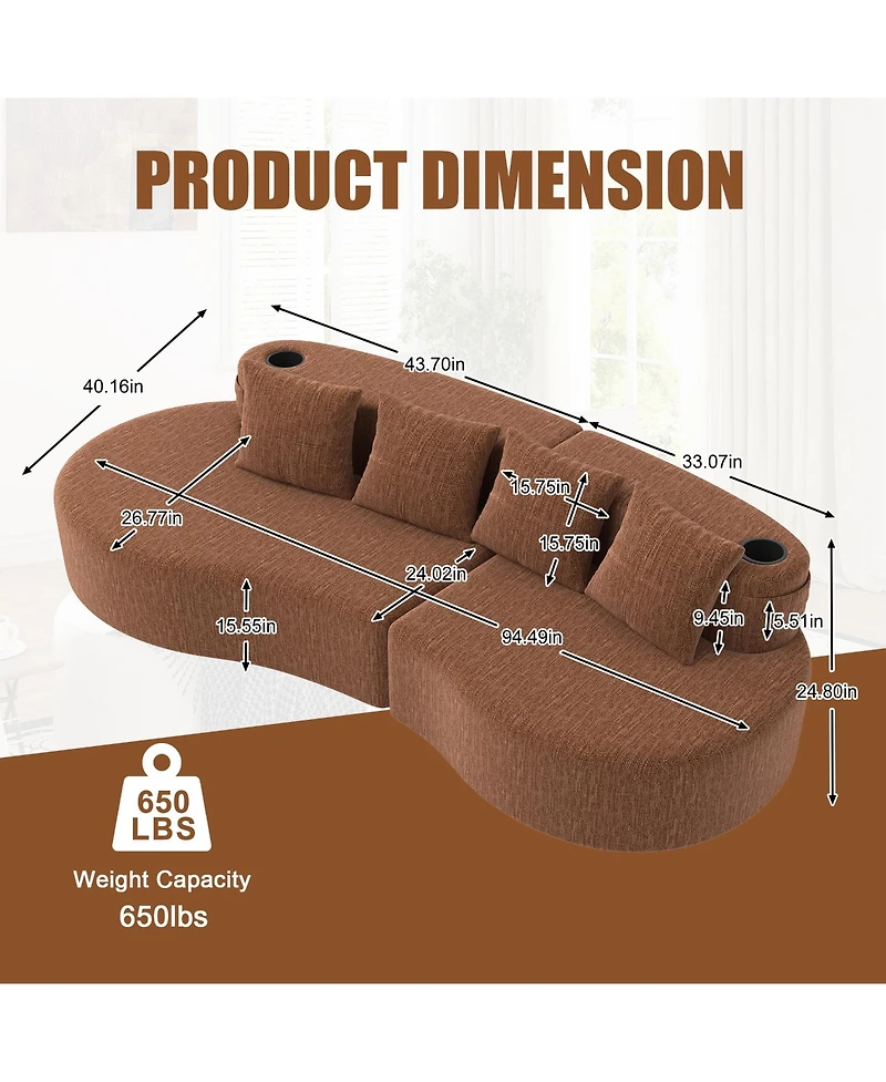 Rainsken Modern 3-Seater Curved Modular Sofa, Half Moon Shaped Chenille Couch with Dual Cup Holders and Storage Side Pockets for Home Use