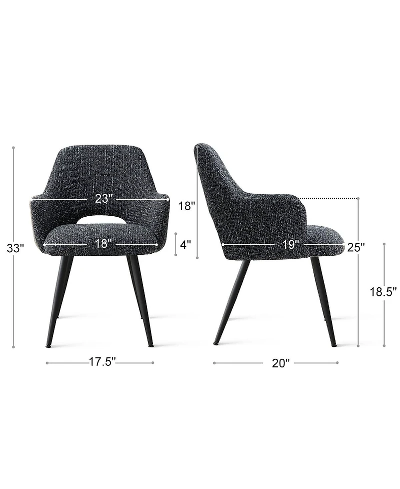 Maison Boucle Set of 2 Upholstered Arm Dining Chairs, Metal Legs, Modern Kitchen