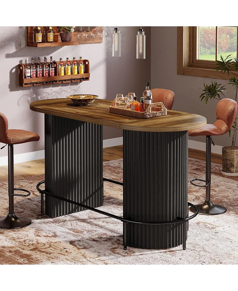 Tribesigns Bar Table, Modern Industrial Counter Height Pub Dining Table with Metal Footrest, Oval Home Bar Unit