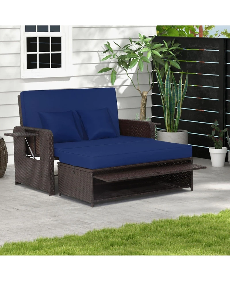 Gouun Outdoor Rattan Daybed Loveseat with 4-Position Backrest and Retractable Side Trays