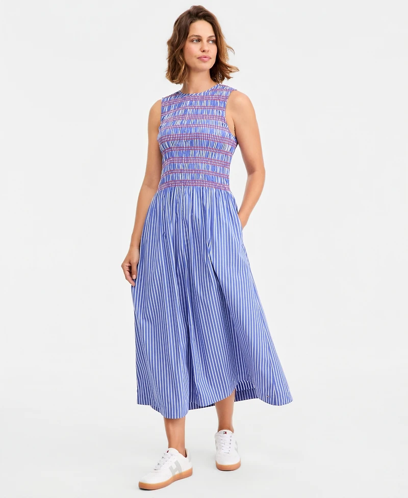 Tommy Hilfiger Women's Cotton Smocked Striped Maxi Dress