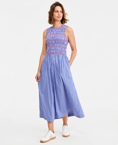 Tommy Hilfiger Women's Cotton Smocked Striped Maxi Dress