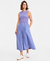Tommy Hilfiger Women's Cotton Smocked Striped Maxi Dress