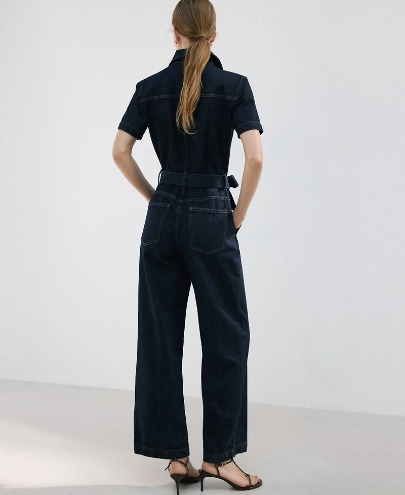 Mango Women's Belt Denim Jumpsuit