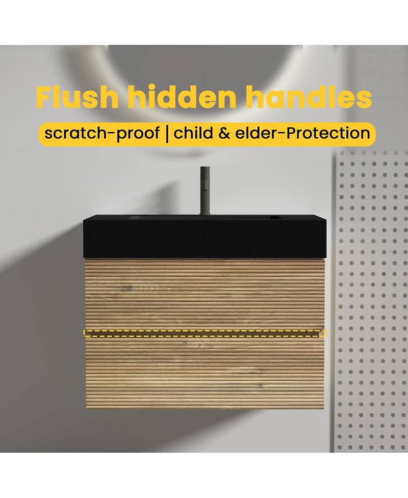 Sillysis Mid-Century Modern Bathroom Vanity with Double Drawers, Quartz Basin