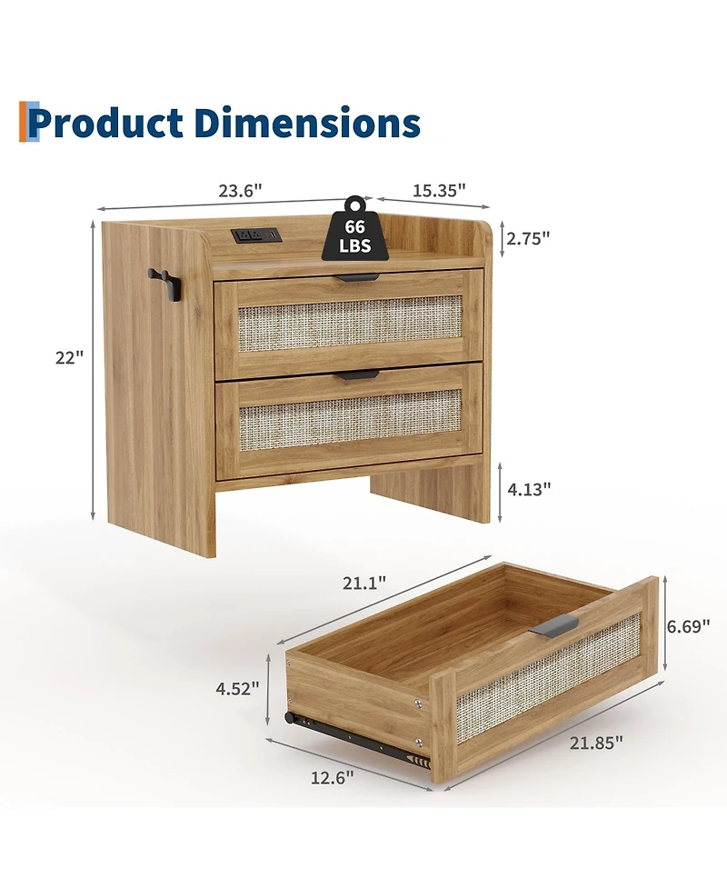 gaomon Home Set of 2 Boho Nightstands, Engineered Wood Bedside Tables with Rattan Drawers Storage