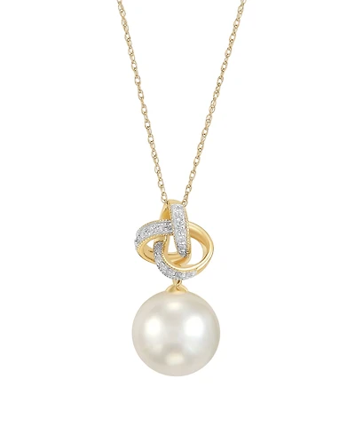 Honora White Ming Pearl (11-12mm) & Diamond (1/10 ct. t.w.) Loveknot Pendant Necklace in 10k Yellow Gold