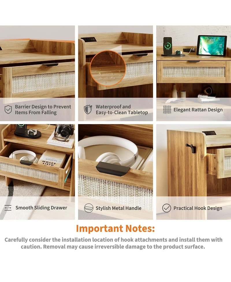 gaomon Home Set of 2 Engineered Wood Rattan Nightstands, Storage End Tables
