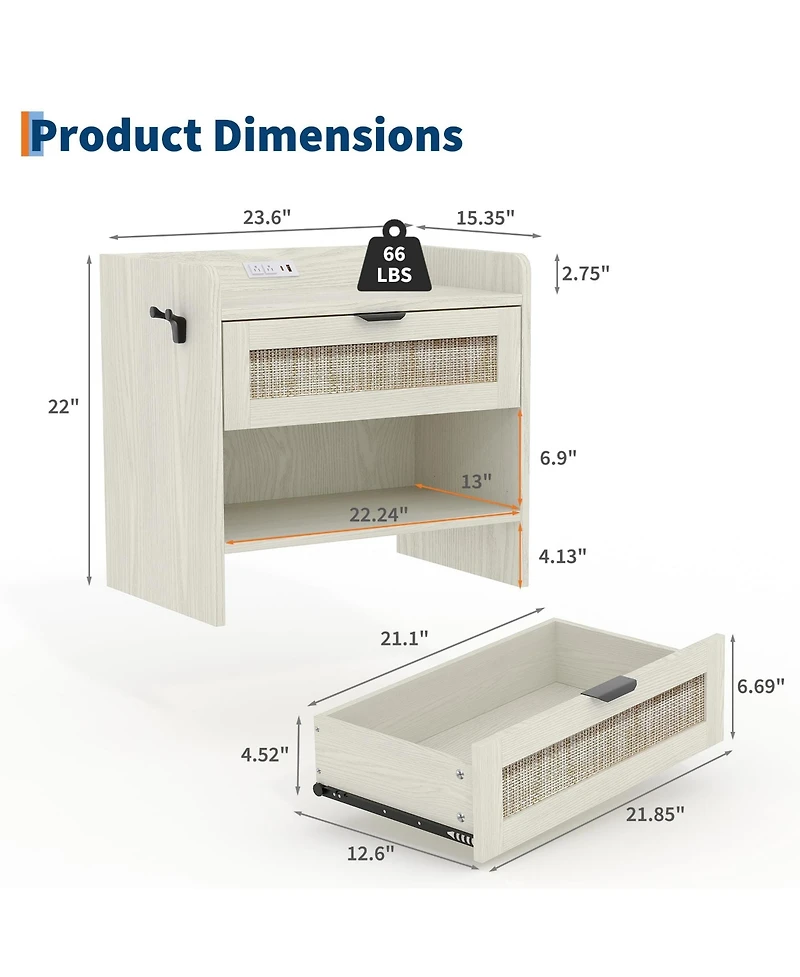 gaomon Home 1-Drawer Nightstand Wood Rattan Storage Side Table