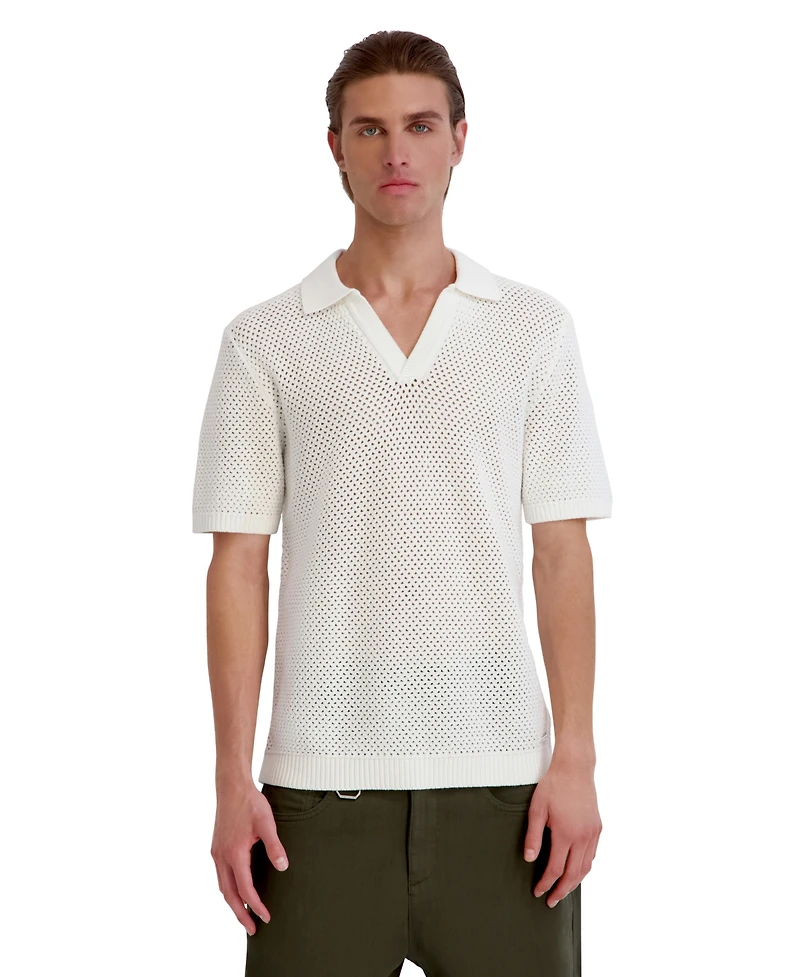 Karl Lagerfeld Paris Men's Open Weave Johnny Collar Polo Shirt