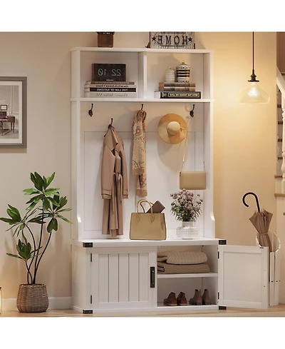 gaomon 76" Hall Tree with Bench and Shoe Storage, Farmhouse 4-in-1 Entryway with Coat Rack and 5 Tri-Hooks, Adjustable Shelf