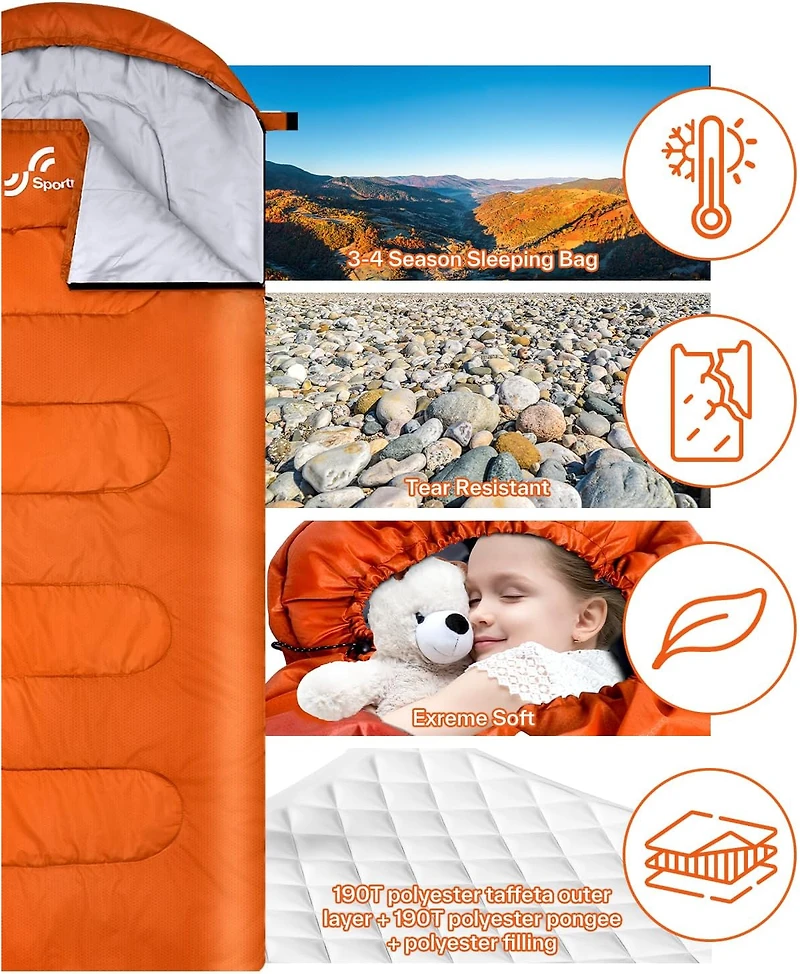 Sportneer Sleeping Bag 3 Season Warm Cold Weather for Adults Kids Boys Girls with Compression Sack Lightweight Camping Essentials Backpacking Hiking