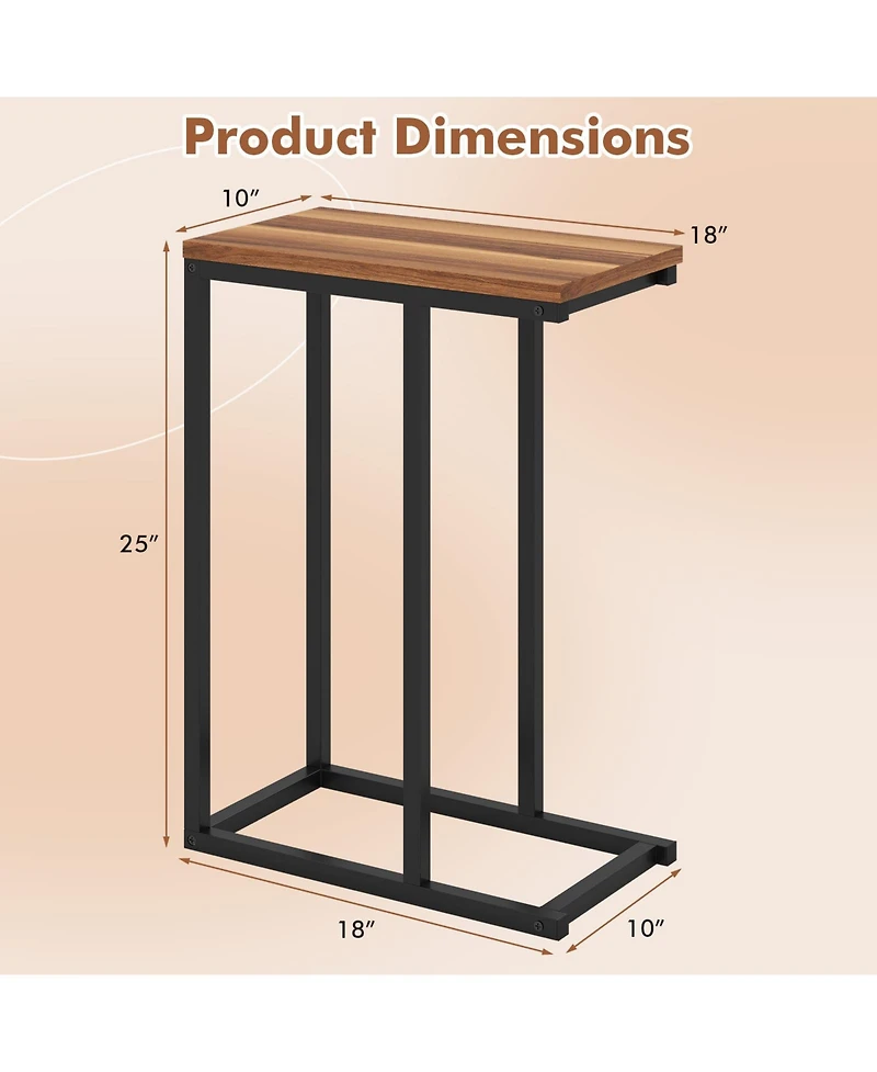 Gymax 2PCS C-shaped End Table w/Adjustable Foot Pads Small Snack for Bedroom Rustic Brown
