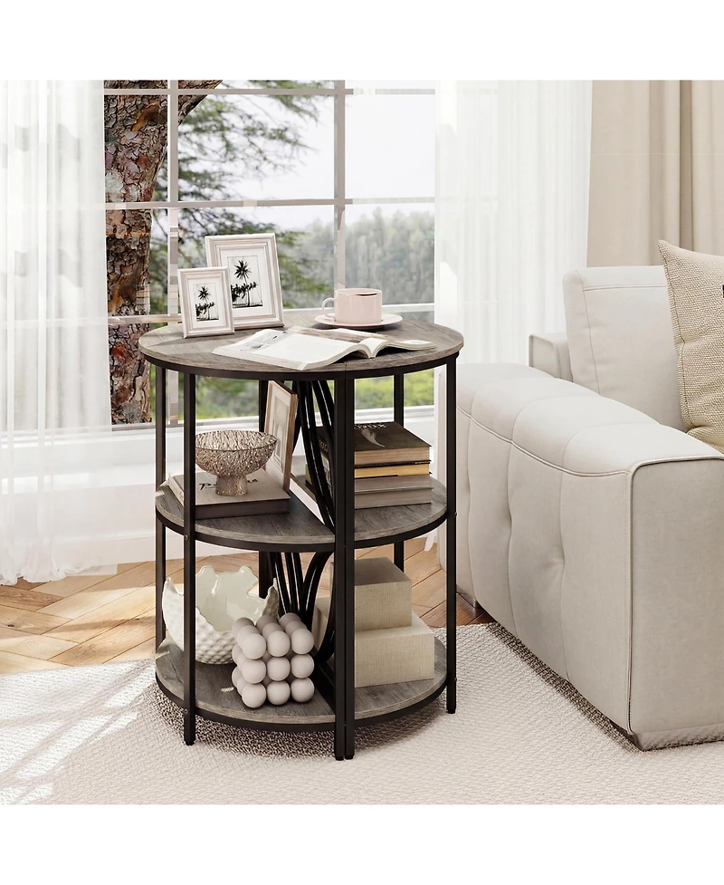 Gymax 3-Tier Half Round End Table Set of 2 with Study Metal Frame Storage Shelves